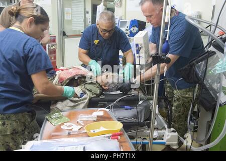 CAMP LEMONNIER, Djibouti – Members of the Expeditionary Medical Facility (EMF) and base emergency services react to mock injuries during an active shooter exercise held at the Navy Exchange on base here, June 26, 2018. Active shooter drills are held quarterly on the installation to prepare service members for real-world situations. Stock Photo