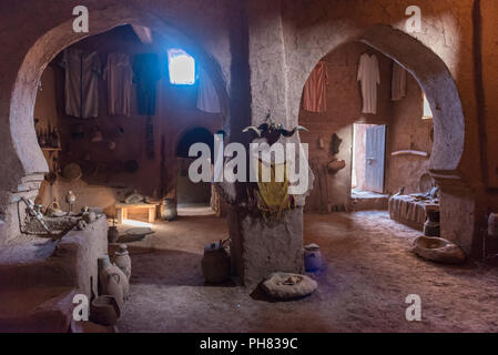 Historic room, interior shot of a residential castle of the Kasbah Ait Benhaddou, High Atlas, Ksar Ait Benhaddou, Ouarzazate Stock Photo