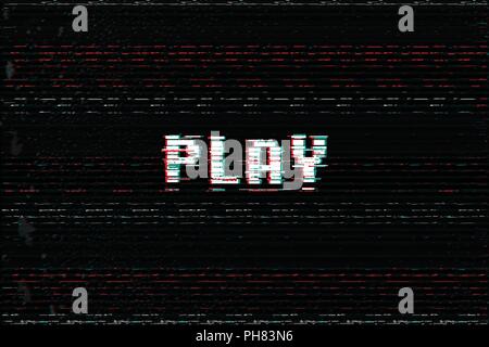 Video Game Play message, 3D glitch, vhs distort effect text, arcade begin vector illustration. Stock Vector