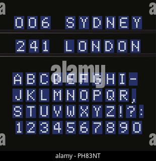 Led vector alphabet. Digital terminal table white letters on blue background. Airport, seaport, train station and electronic device typeset. Stock Vector
