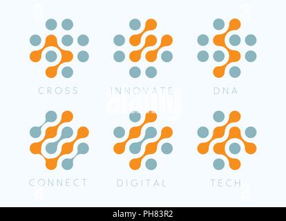 Dots cross vector emblem set. Innovate bio tech modern icons. Digital science labosatory isolated logo collection. Abstract plus symbols from orange and grey circles . Chip connect unusual signs. Stock Vector