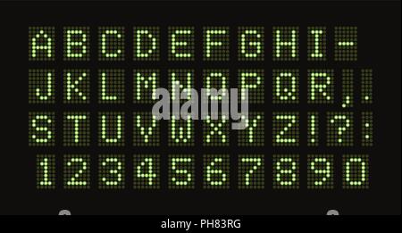 Vector dotted font for digital LED table. Green monospace letters from green light circles set. Digital score board template Stock Vector