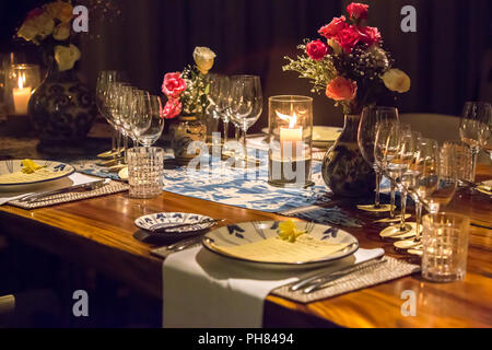 Elegant table set up for dinner, special event, party or wedding. Stock Photo