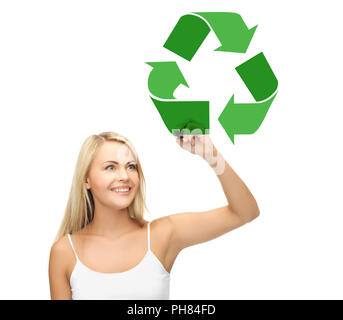 happy woman drawing green recycle symbol Stock Photo