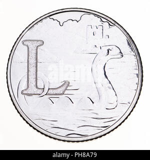 British 10p coin (reverse) from 2018 'Alphabet' series, celebrating Britishness. L - Loch Ness Stock Photo