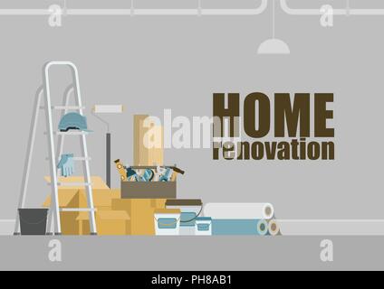 Grey room with stepladder, toolbox, construction materials, hanging pipe and lamp, for home renovation concept Stock Vector