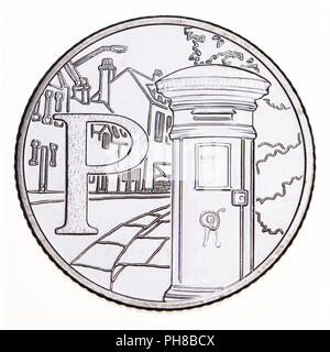 British 10p coin (reverse) from 2018 'Alphabet' series, celebrating Britishness. P - Postbox Stock Photo