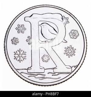 British 10p coin (reverse) from 2018 'Alphabet' series, celebrating Britishness. R - Robin Stock Photo