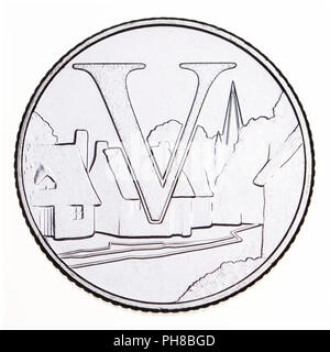 British 10p coin (reverse) from 2018 'Alphabet' series, celebrating Britishness. V - Villages Stock Photo