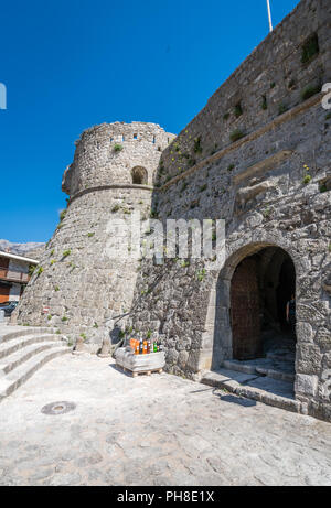 Stari Bar, Montenegro - April 2018 : Massive walls and entrance gates to the ruins of the old citadel in Stari Bar Stock Photo