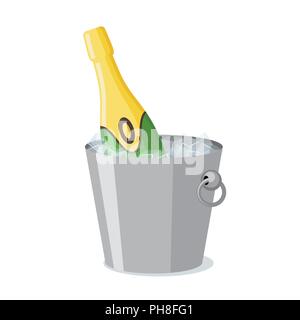 Bottle of champagne in ice bucket icon in flat style. Stock Vector