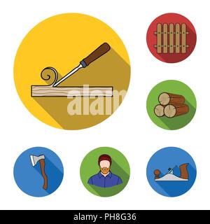 Sawmill and Timber flat icons in set collection for design. Hardware and Tools vector symbol stock  illustration. Stock Vector
