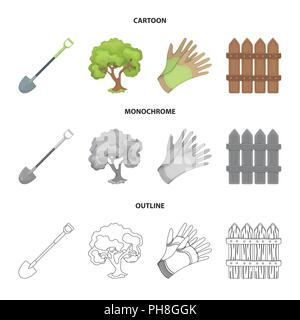 A shovel with a handle, a tree in the garden, gloves for working on a farm, a wooden fence. Farm and gardening set collection icons in cartoon,outline Stock Vector