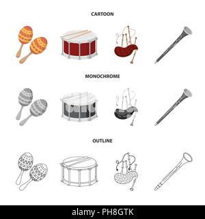 Maracas, drum, Scottish bagpipes, clarinet. Musical instruments set collection icons in cartoon,outline,monochrome style vector symbol stock illustrat Stock Vector