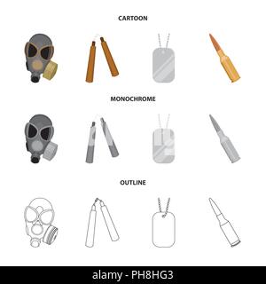 Gas mask, nunchak, ammunition, soldier token. Weapons set collection icons in cartoon,outline,monochrome style vector symbol stock illustration . Stock Vector
