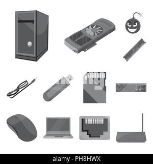 Personal computer monochrome icons in set collection for design. Equipment and accessories vector symbol stock  illustration. Stock Vector