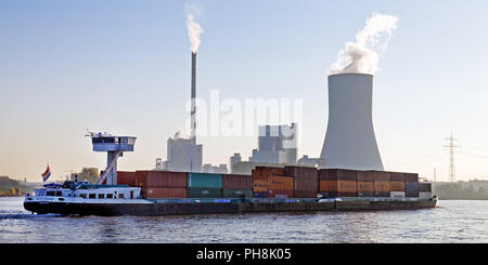 Cargo ship, Rhine, Walsum power plant, Rheinberg Stock Photo