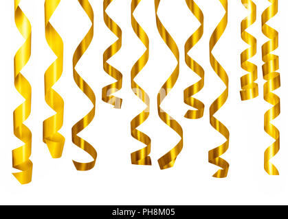 Different golden christmas ribbons glittering and hanging against white background. Stock Photo