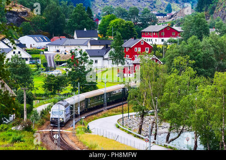Flam, Norway Myrdal train in Norwegian village near Sognefjord fjord, local landmark Stock Photo