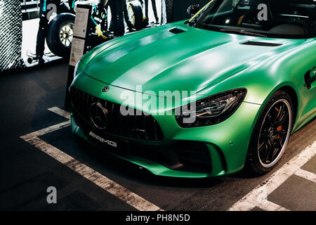 Berlin, August 29, 2018: The new sporty modern Mercedes-Benz AMG GT Turbo V8 is sold in the official Mercedes-Benz dealership in Berlin. Stock Photo