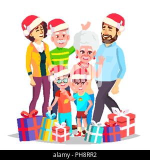 Christmas Family Vector. Celebrating. Mom, Dad, Children, Grandparents Together. In Santa Hats. Decoration Element. Isolated Cartoon Illustration Stock Vector