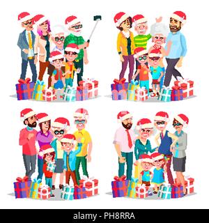 Christmas Family Set Vector. Big Full Happy Family Portrait. Father, Mother, Kids, Grandparents In Santa Hats. Traditional Event. Winter Holidays. December Eve. Celebrating. Cheerful. Illustration Stock Vector