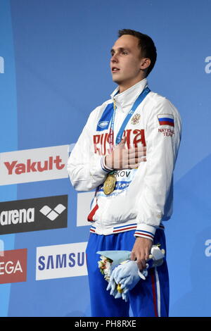 Budapest, Hungary - Jul 28, 2017. The winner CHUPKOV Anton (RUS) at the Victory Ceremony of the Men 200m Breaststroke. FINA Swimming World Championshi Stock Photo