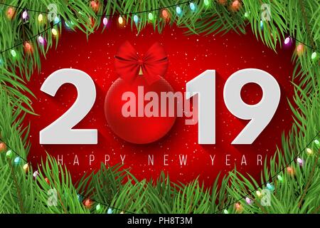 Happy new year 2019. Festive cover for your project. Snow particles on a light red background. Christmas tree with a garland. Paper numbers with a New Stock Vector