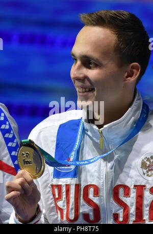 Budapest, Hungary - Jul 28, 2017. The winner CHUPKOV Anton (RUS) at the Victory Ceremony of the Men 200m Breaststroke. FINA Swimming World Championshi Stock Photo