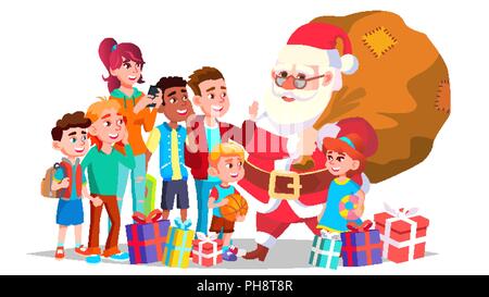 Santa Claus With Children Vector. Happy Children. Winter Holidays. Merry Christmas And Happy New Year. Sales Design. Isolated Cartoon Illustration Stock Vector