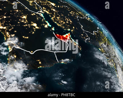 United Arab Emirates from space at night with visible country borders. 3D illustration. Elements of this image furnished by NASA. Stock Photo