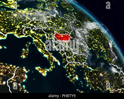 Hungary from space at night with visible country borders. 3D illustration. Elements of this image furnished by NASA. Stock Photo