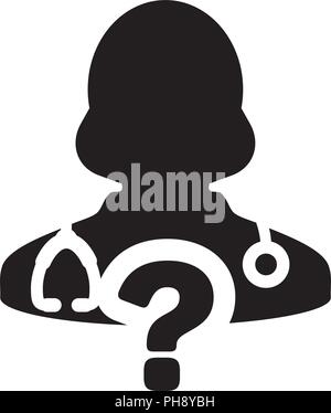 Online doctor consultation icon vector female person profile avatar with question symbol for medical answers in glyph pictogram illustration Stock Vector
