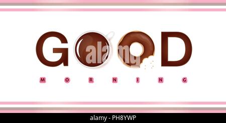 Good morning typography with sweet choco donut and coffee vector illustration EPS10 Stock Vector