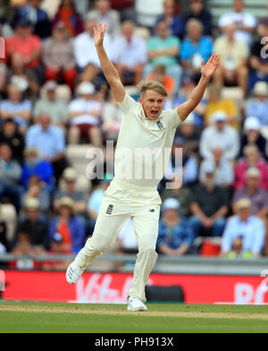 England's Sam Curran appeals for a wicket during day two of the fourth test at the AGEAS Bowl, Southampton. Stock Photo