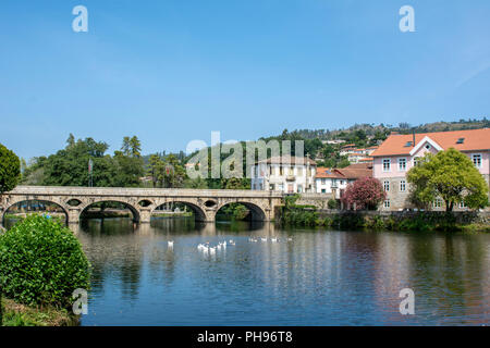 Ancient bridge and village of Arcos de Valdevez, in Minho, Portugal Stock Photo