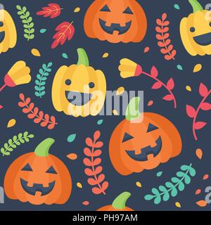 Cute Halloween seamless pattern. Pumpkins, leaves and flowers floating on a dark background. Stock Vector
