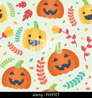 Cute Halloween seamless pattern. Pumpkins, leaves and flowers floating on a light background. Stock Vector