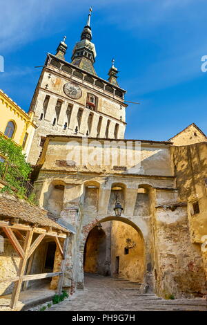 Clock Tower in old town Sighisoara, Transylvania, Romania Stock Photo