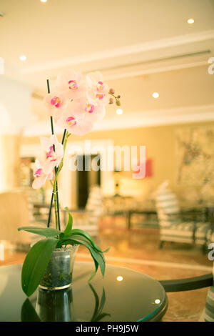 Beautiful flowers in luxury five star hotel wedding marriage party before guests arrive. Stock Photo