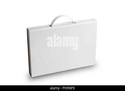Cardboard document case with a plastic handle, or briefcase folder, isolated on white Stock Photo