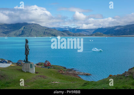 Denmark, Greenland, Qassiarsuk (Viking Brattahlid), memorial to Leif Eriksen (Lucky Leif), discoverer of North America, circa 1000AD Stock Photo