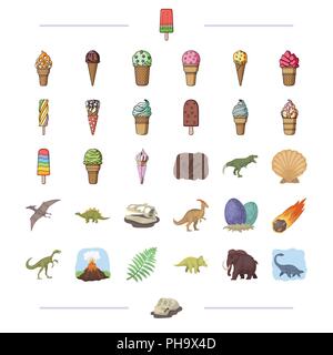 Different types of ice cream and other  icon in cartoon style.. Dinosaurs, Jurassic period icons in set collection. Stock Vector