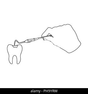 Manipulation, gesture of the hand of the dentist with the instrument over the damaged tooth. Stomatology single icon in outline style vector symbol st Stock Vector