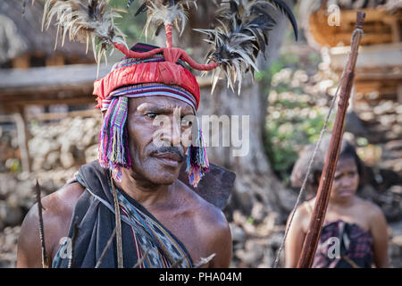 Village chief and community of the Abui Tribe dressed in traditional clothing, Alor Island, Indonesia, Southeast Asia, Asia Stock Photo