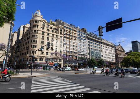 Busy traffic on many laned highway, Avenue 9 de Julio, Plaza de la Republica, Congreso and Tribunales, Buenos Aires, Argentina, South America Stock Photo