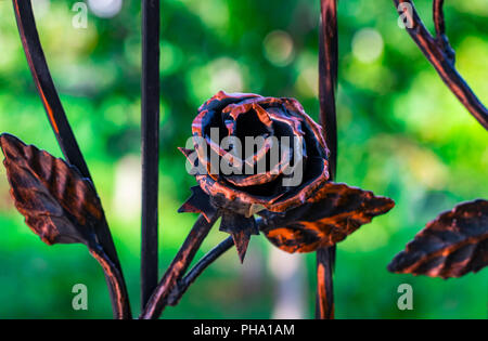 Details, structure and ornaments of forged iron gate. Decorative ornamen with roses, made from metal. Stock Photo