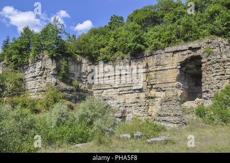 Shell limestone in Stone Quarry, Schwaebisch Hall, Baden-Wuerttemberg ...