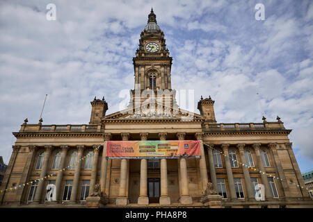 lancashire sandstone  landmark Grade II* listed building Bolton Town Hall facing Victoria Square designs by William Hill with baroque-style clocktower Stock Photo