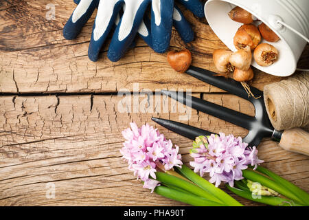 Gardening Tools with Flowers on Wood Background Stock Photo